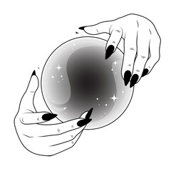 Stylized monochrome art showing hands holding sparkling crystal ball on transparent background