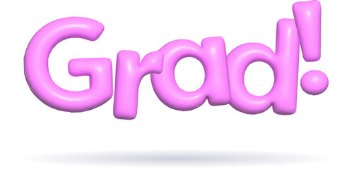 Showing pastel pink 3D bubble text Grad! hovering above purple oval shadow on transparent backdrop