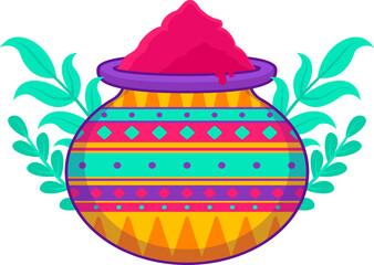 Vector pot is showing geometric pattern pouring red powder with teal leaves on transparent backdrop