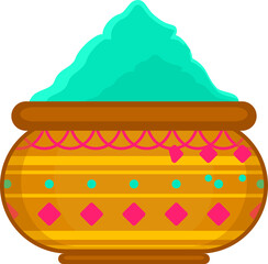 Flat vector showing striped ceramic pot overflowing turquoise-green powder, transparent background