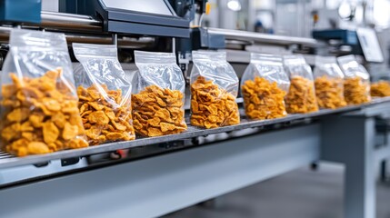 Snack Production Line Inside Modern Processing Factory with Packed Bags of Chips