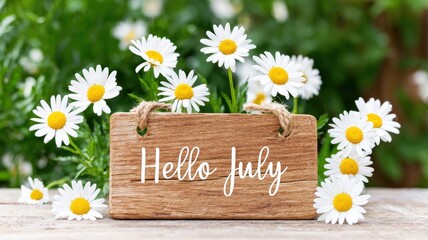 Hello July Background Banner. Welcome July with Bright Daisies, Wooden Sign, and Lush Green Background for Summer Vibe