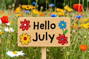 Hello July Background Banner. Colorful Wooden Sign Greeting July Surrounded by Vibrant Wildflowers in a Sunny Field