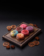 Chinese mooncake is an Asian sweet dessert. Asian mooncake as a background for your design