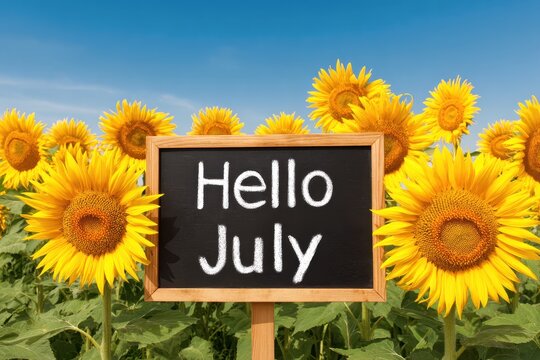 Hello July Background Banner. Bright Sunflowers with Chalkboard Sign Saying Hello July in Clear Blue Sky