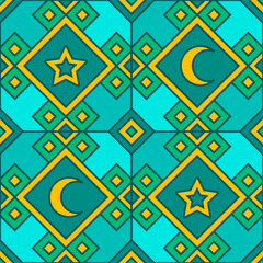 Fototapeta premium Teal diamond pattern is repeating in flat style with yellow stars, moons on transparent background