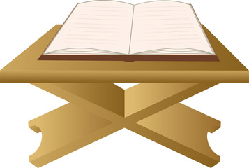 flat illustration showing open lined book on wooden stand with cutouts, transparent background