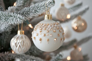 Closeup view of stylish white and gold Christmas tree decorations featuring elegant ornaments and shimmering details displayed on a beautifully adorned Christmas tree