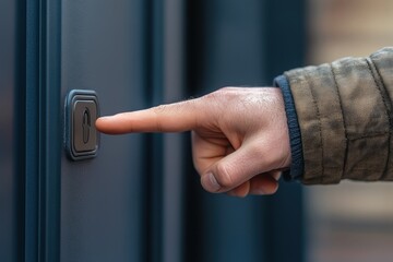 Man presses button on door in urban setting during daylight while wearing a jacket