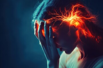 Experiencing intense pain from migraine as visualized by electric-like signals around the head in a dimly lit space