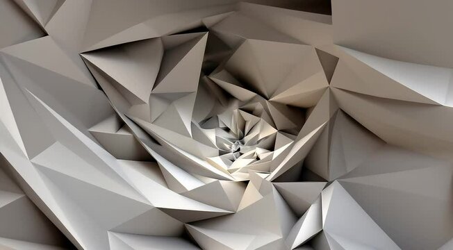 Moving geometric triangles creating intricate fractal like designs, continually evolving and changing in space