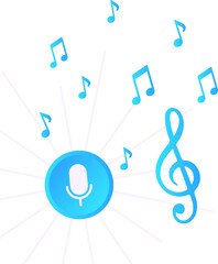 Vector design is showing blue mic button radiating lines and music notes on transparent background