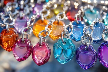 Colorful assortment of key chains featuring various shapes and vibrant hues displayed on a shiny surface, showcasing craftsmanship and creativity in accessory design