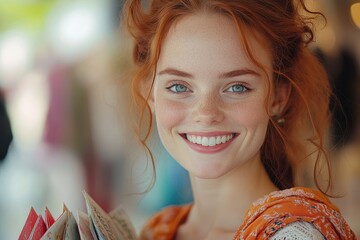 Happy beautiful woman customer enjoying a shopping day with her purchases in a vibrant marketplace during the afternoon light
