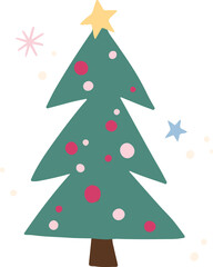 Presenting flat design evergreen tree with red ornaments and pastel stars on transparent background