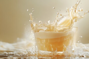 Creamy beige cocktail drink splashes in a glass filled with cognac liquor, showcasing a moment of vibrant celebration at a stylish gathering