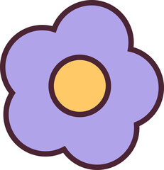 Simple flat flower illustration is showing lavender petals, yellow center on transparent background