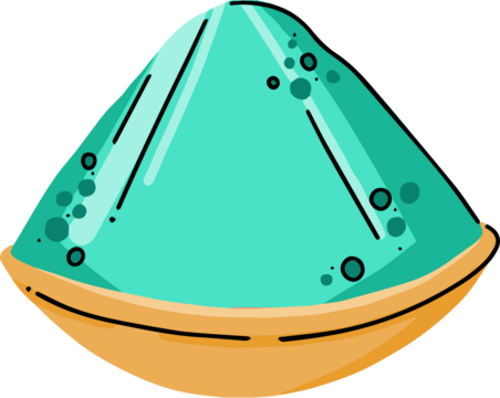 Wooden bowl is holding conical mound of bright teal powder in flat design, transparent background - Powered by Adobe