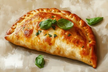 Deliciously baked calzone filled with cheese and served with fresh basil leaves on a neutral background showcasing culinary artistry
