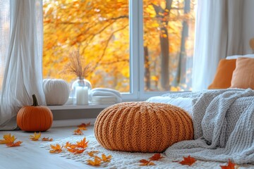 Cozy bedroom decorated for autumn with poufs and warm colors by a large window overlooking vibrant fall foliage