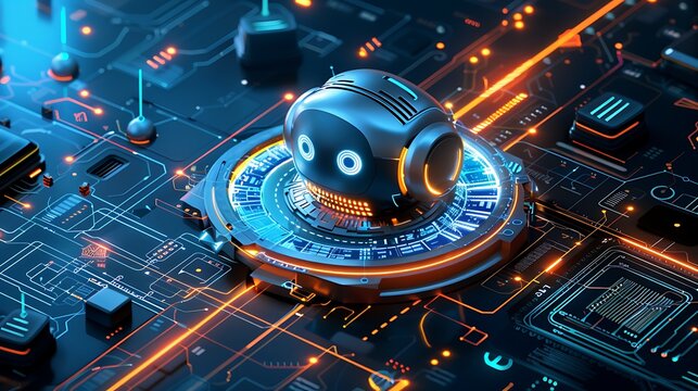 Futuristic logistics hub with autonomous robots operating on advanced circuit board infrastructure from an overhead viewpoint