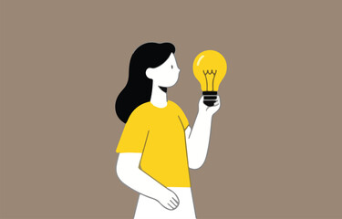 Woman holding a light bulb idea concept illustration
