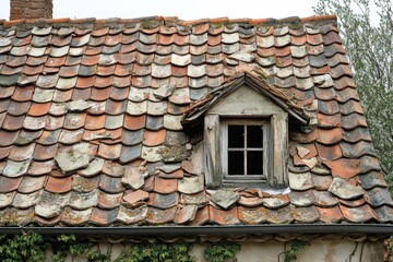 Historic house showcasing significant damage to the clay tile roof with missing and broken tiles, observed in a rural setting under overcast skies