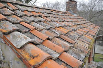 Workman repairs leaking ridges on tile roofing during mid-morning hours in a residential area with trees in the background