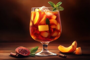Bright hot cocktail with mulled wine, fresh fruits, and mint garnished, served in an elegant glass during a cozy evening gathering