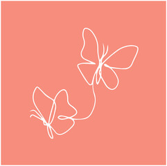 Two butterfly outlines are floating in flat line art, white continuous line, transparent background