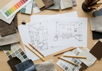 Top-down view of a designer's mood board workspace