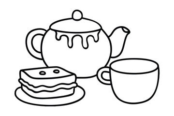 Tea time line-art illustration teapot cup cake sweet treat