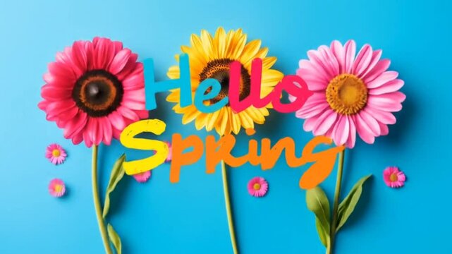 Colorful spring flowers and decorative hello spring message, seamless looping 4k time-lapse animation video background