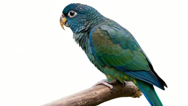 Vibrant Green Parrot Perched on Branch - A close-up shot of a vibrant green parrot with teal and blue accents perched on a weathered wooden branch against a stark white background.