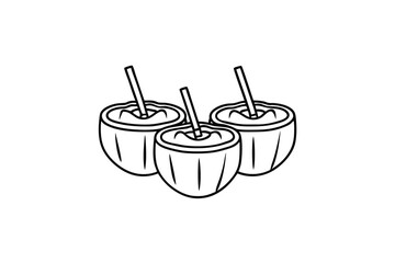 Three refreshing coconut drinks with straws, tropical beverage