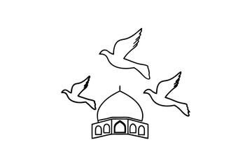 Three doves soaring above a mosque line-art illustration