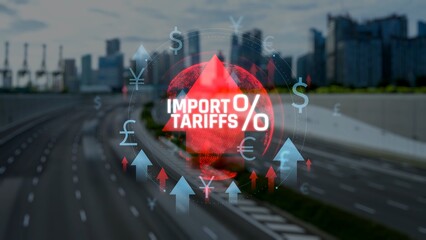 Visual Representation of Import Tariffs and Taxes Amid Urban Landscape with City Skyline in...