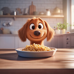 Illustration of a cute dog in front of some pasta