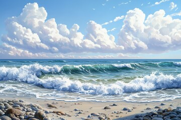 Waves crashing on a pebbly beach with a vibrant sky and fluffy clouds above, capturing the tranquility of the seaside landscape surrounded by nature