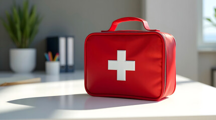 Red first aid kit with white cross on modern office desk bright natural lighting ideal for healthcare marketing
