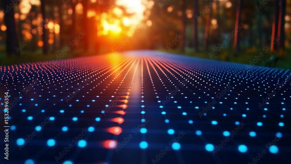 Poster Digital Pathway at Sunset: A captivating image showcasing a digital pathway extending towards a vibrant sunset within a forest. The pathway is composed of glowing blue and red dots.