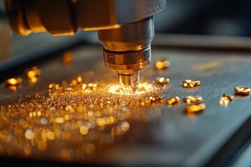 Detail of a jewellery crafting process showcasing a cutting tool precisely shaping gold pieces during the intricate manufacturing stage