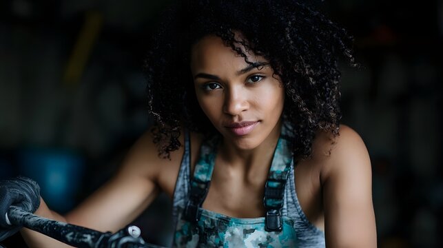 A focused woman working on repairing a bicycle in her garage