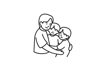 Father embracing his two children line art illustration