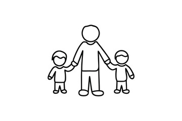 Father with two children holding hands line-art illustration