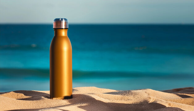 Golden Water Bottle on a Sandy Beach with Ocean View