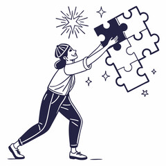 Woman placing final puzzle piece completing solution success