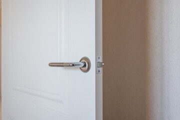 modern door handle on white wooden door in interior. Knob close-up elements. Door handle, fittings for interior design