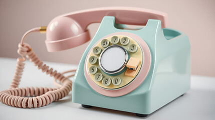 Retro rotary telephone in pastel colors. Vintage communication device with a classic design.