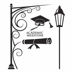 Academic milestone graduation cap diploma lampposts ornate design